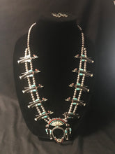 Load image into Gallery viewer, Zuni Squash blossom necklace with matching earrings by Adeline Bowannie