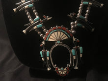 Load image into Gallery viewer, Zuni Squash blossom necklace with matching earrings by Adeline Bowannie
