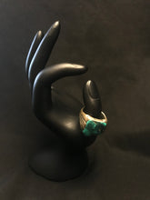 Load image into Gallery viewer, Large square vintage turquoise stone set in Silver stamped ring, sized at 9.5
