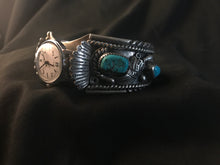 Load image into Gallery viewer, Wide Navajo silver-color watch bracelet with turquoise
