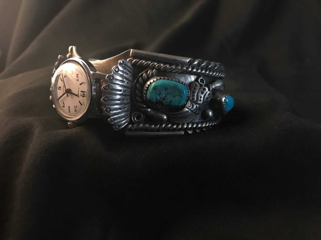 Wide Navajo silver-color watch bracelet with turquoise