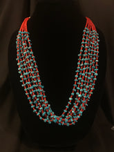 Load image into Gallery viewer, 7 strand necklace of small red glass beads with chips of coral
