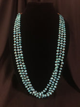 Load image into Gallery viewer, 3 strand necklace of olive heishi beads with tumbled treated turquoise nuggets,
