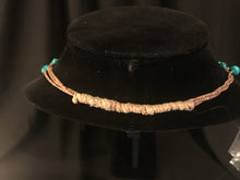 Load image into Gallery viewer, 3 strand necklace of olive heishi beads with tumbled treated turquoise nuggets,
