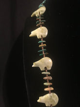Load image into Gallery viewer, Zuni single strand necklace with dark heishi beads and fetish bears.
