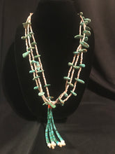Load image into Gallery viewer, Santo Domingo 3 strand olive heishi necklace with varied shape turquoise tabs.
