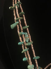 Load image into Gallery viewer, Santo Domingo 3 strand olive heishi necklace with varied shape turquoise tabs.
