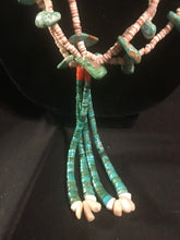 Load image into Gallery viewer, Santo Domingo 3 strand olive heishi necklace with varied shape turquoise tabs.
