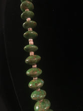 Load image into Gallery viewer, Single strand necklace of olive heishi beads interspersed with machine-shaped róndels.
