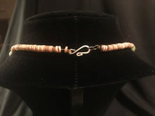 Load image into Gallery viewer, Single strand necklace of olive heishi beads interspersed with machine-shaped róndels.
