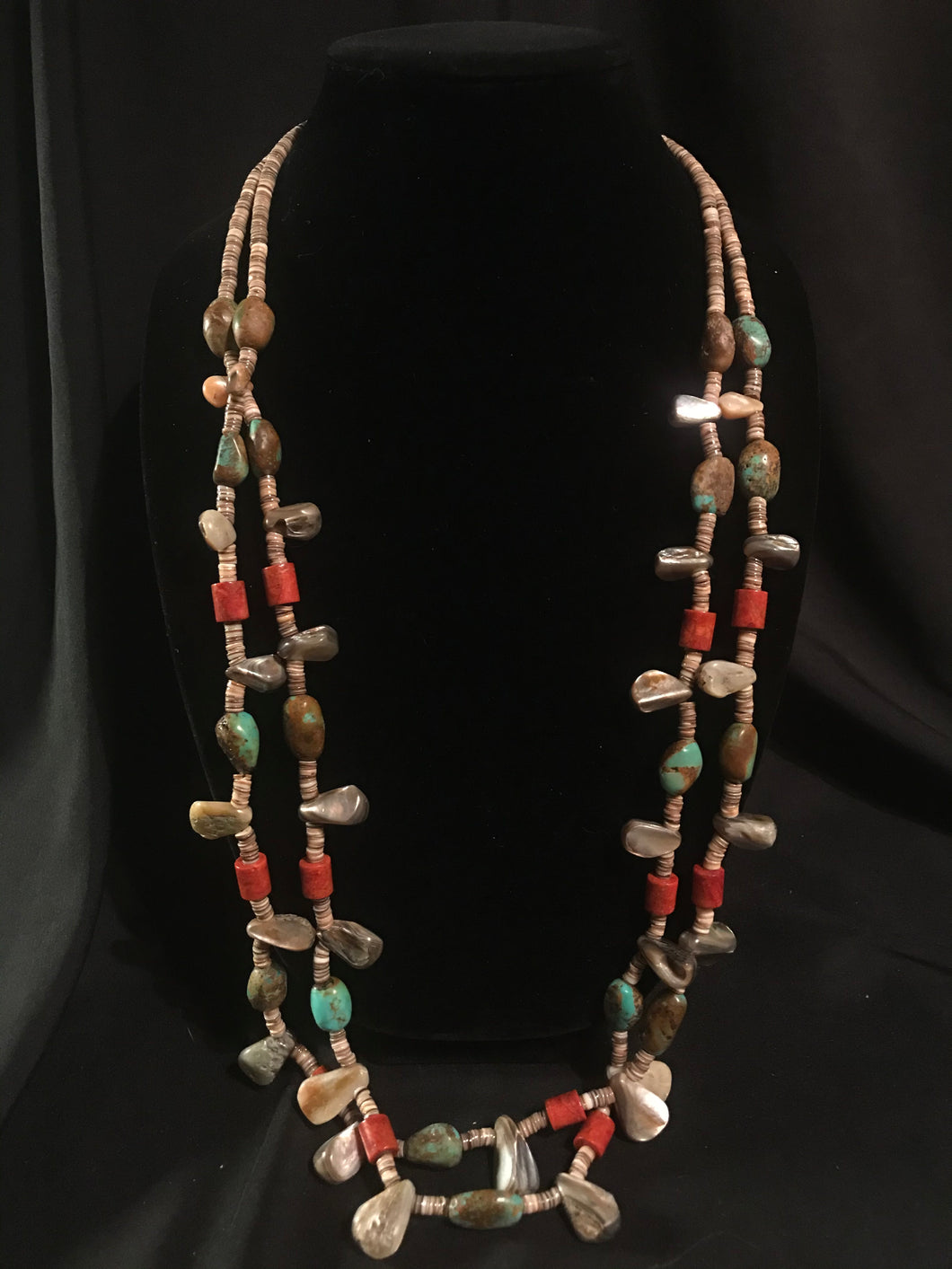 Two strand olive heishi necklace with black lip mother-of-pearl tabs