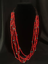 Load image into Gallery viewer, Five strands of red glass bead necklace with small turquoise nuggets
