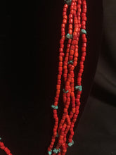 Load image into Gallery viewer, Five strands of red glass bead necklace with small turquoise nuggets
