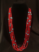 Load image into Gallery viewer, Five strands of red beads interspersed with block turquoise
