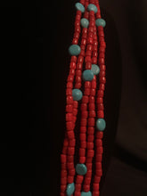 Load image into Gallery viewer, Five strands of red beads interspersed with block turquoise
