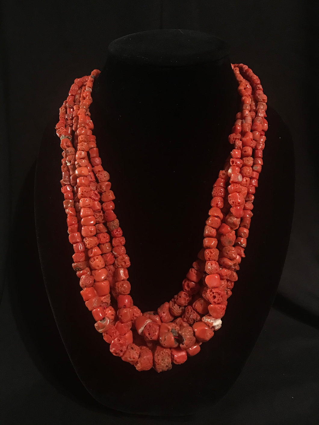 Five strands of large dyed Asian bamboo coral beads