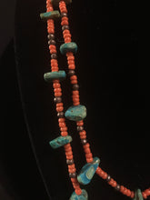 Load image into Gallery viewer, Two strands of orange coral beads with turquoise tabs; Santo Domingo pueblo
