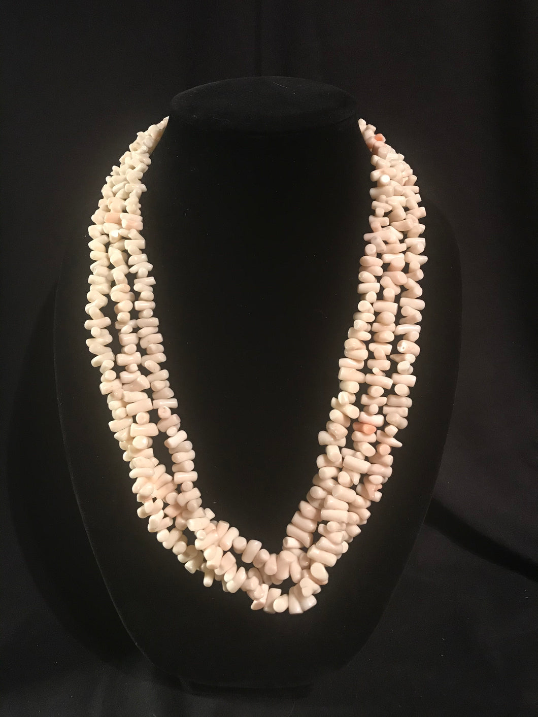 Three-strand pinkish white coral branch necklace and matching earrings