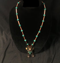 Load image into Gallery viewer, Dyed green onyx feathered headdress figure necklace with earrings
