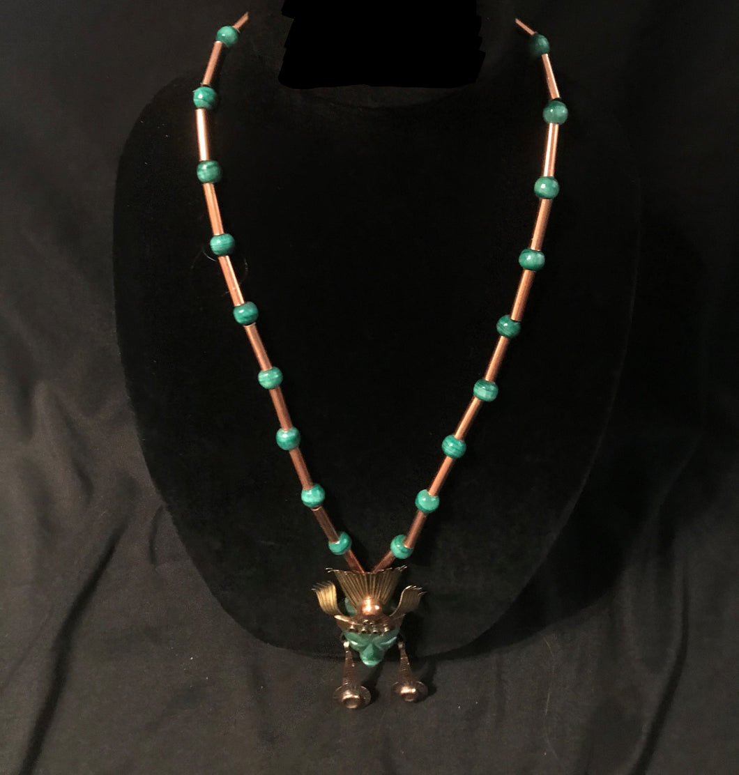 Dyed green onyx feathered headdress figure necklace with earrings