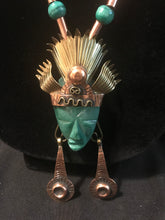 Load image into Gallery viewer, Dyed green onyx feathered headdress figure necklace with earrings
