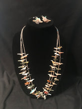 Load image into Gallery viewer, Zuni three strand olive shell heshe strands with fetish birds; matching earrings
