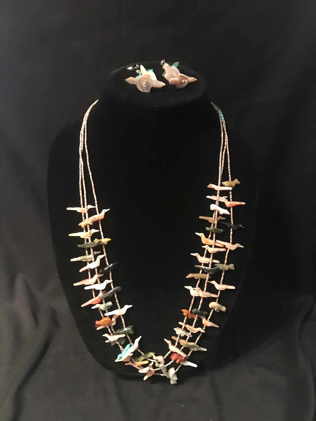 Zuni three strand olive shell heshe strands with fetish birds; matching earrings