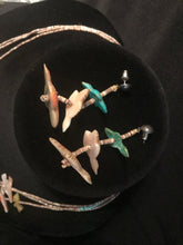 Load image into Gallery viewer, Zuni three strand olive shell heshe strands with fetish birds; matching earrings
