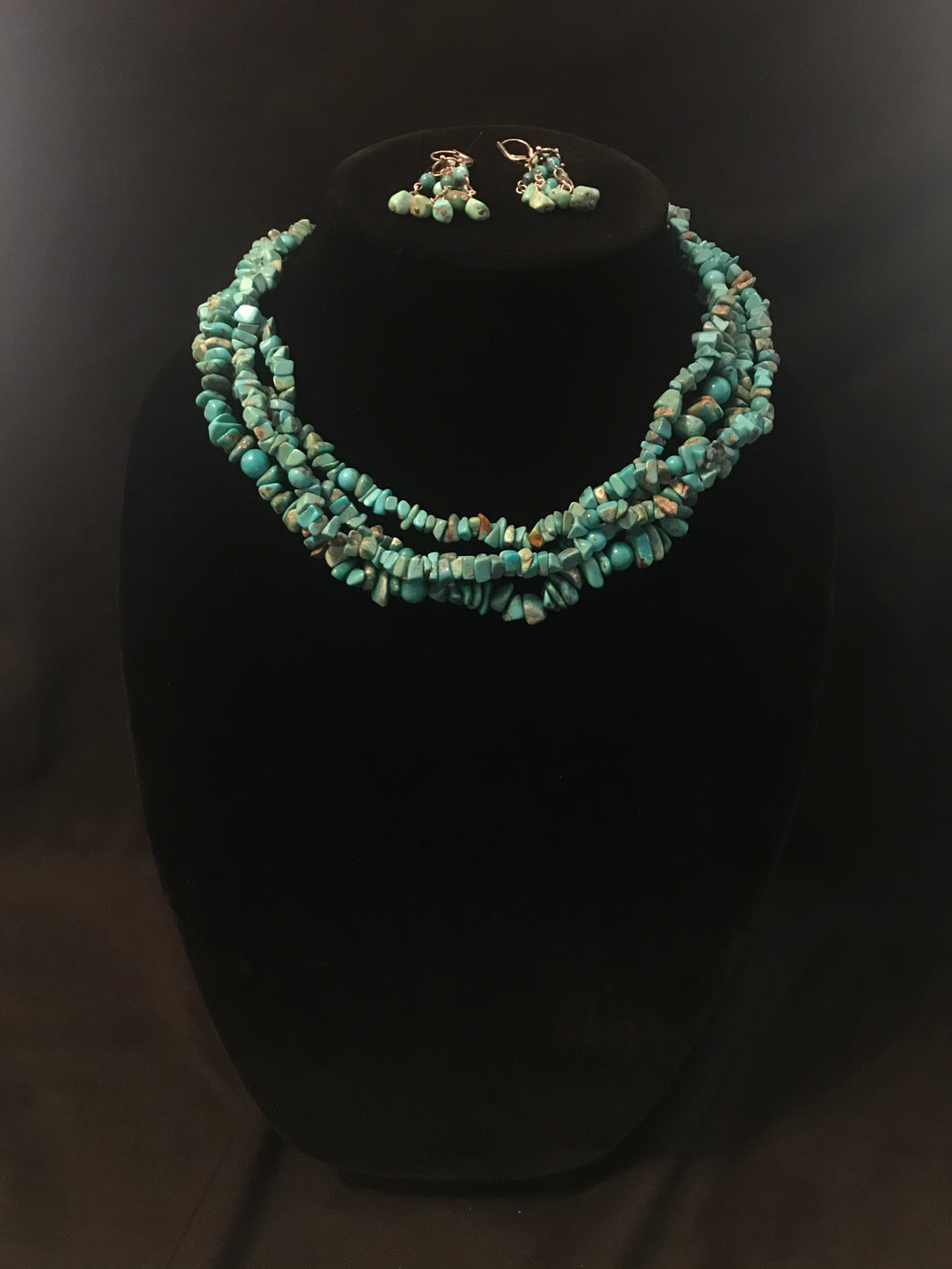 Four strand small turquoise nugget necklace with earrings