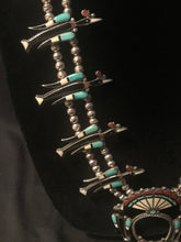 Load image into Gallery viewer, Zuni Squash blossom necklace with matching earrings by Adeline Bowannie
