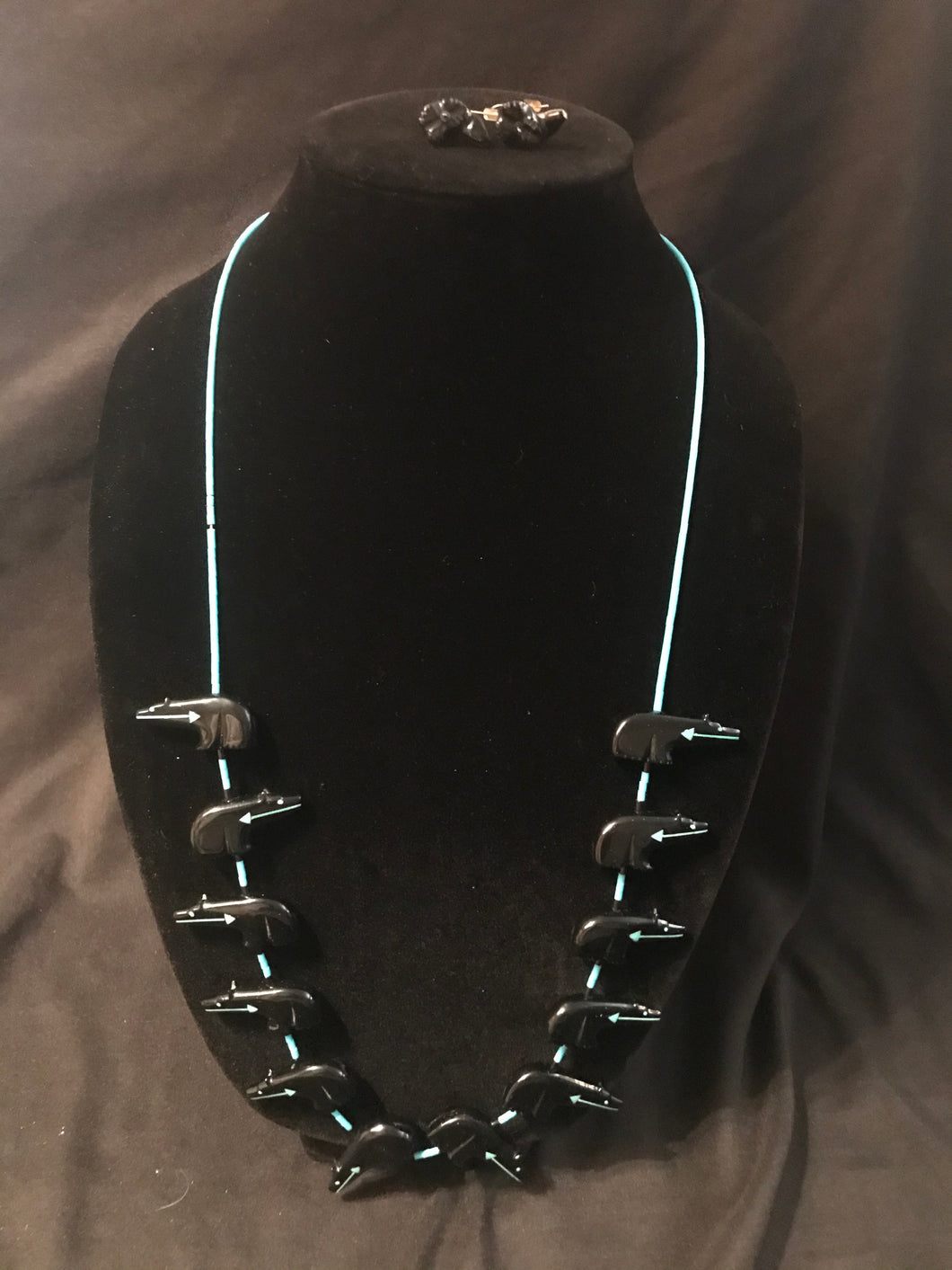 Zuni fetish necklace with black bears with turquoise heartline.  Matching earrings