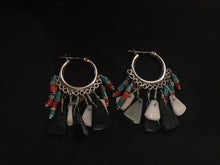 Load image into Gallery viewer, Multicolored stone hoop with silver colored lever back and 12 dangles in varied stones.
