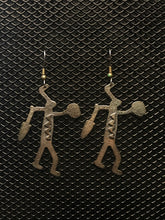 Load image into Gallery viewer, Petroglyph style standing warrior earrings in 8 grams solid silver.
