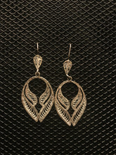 Load image into Gallery viewer, Silver colored filigree angel wings on hook earrings.
